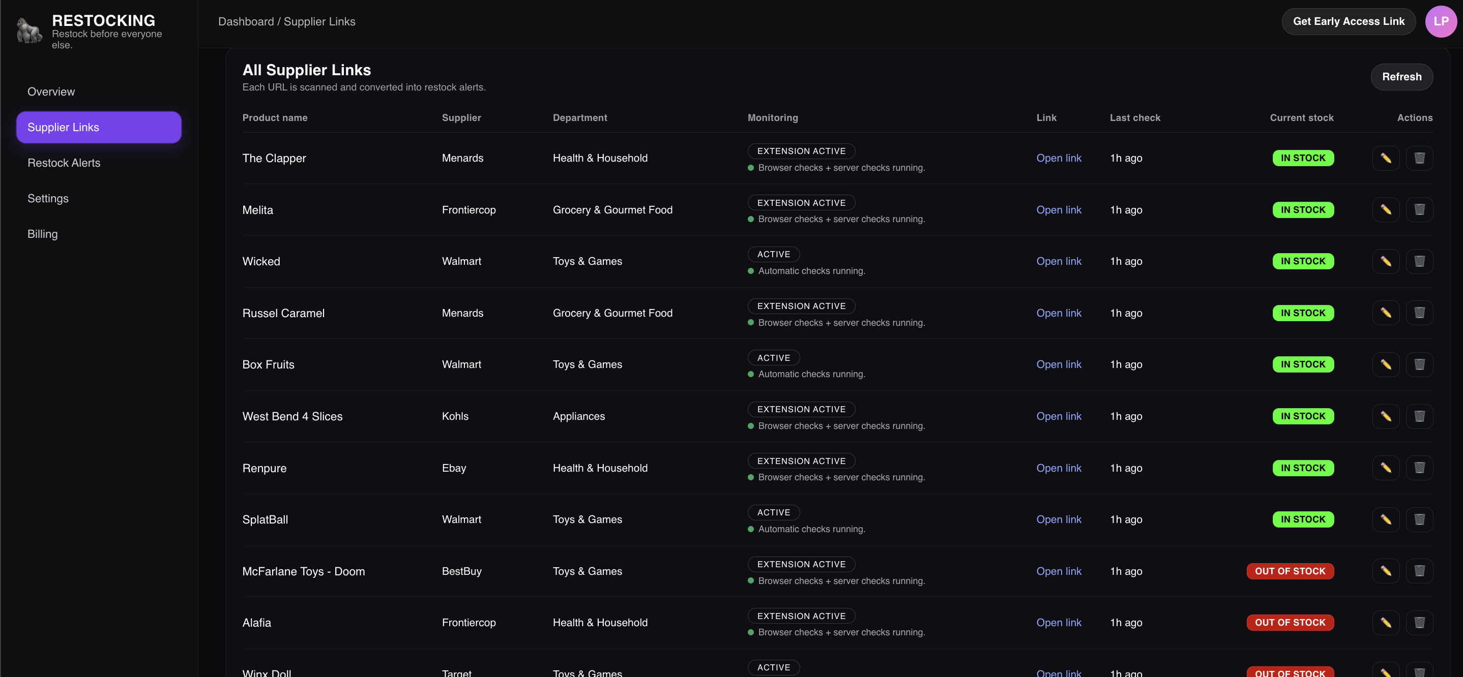 RestocKING supplier links dashboard
